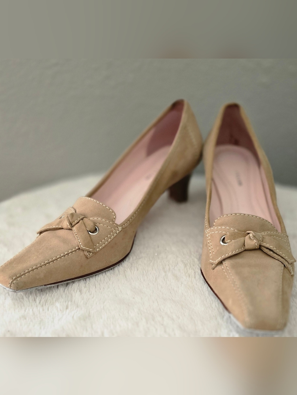 Ann Taylor Beige Suede Mid Heel Loafers with Knot Detail